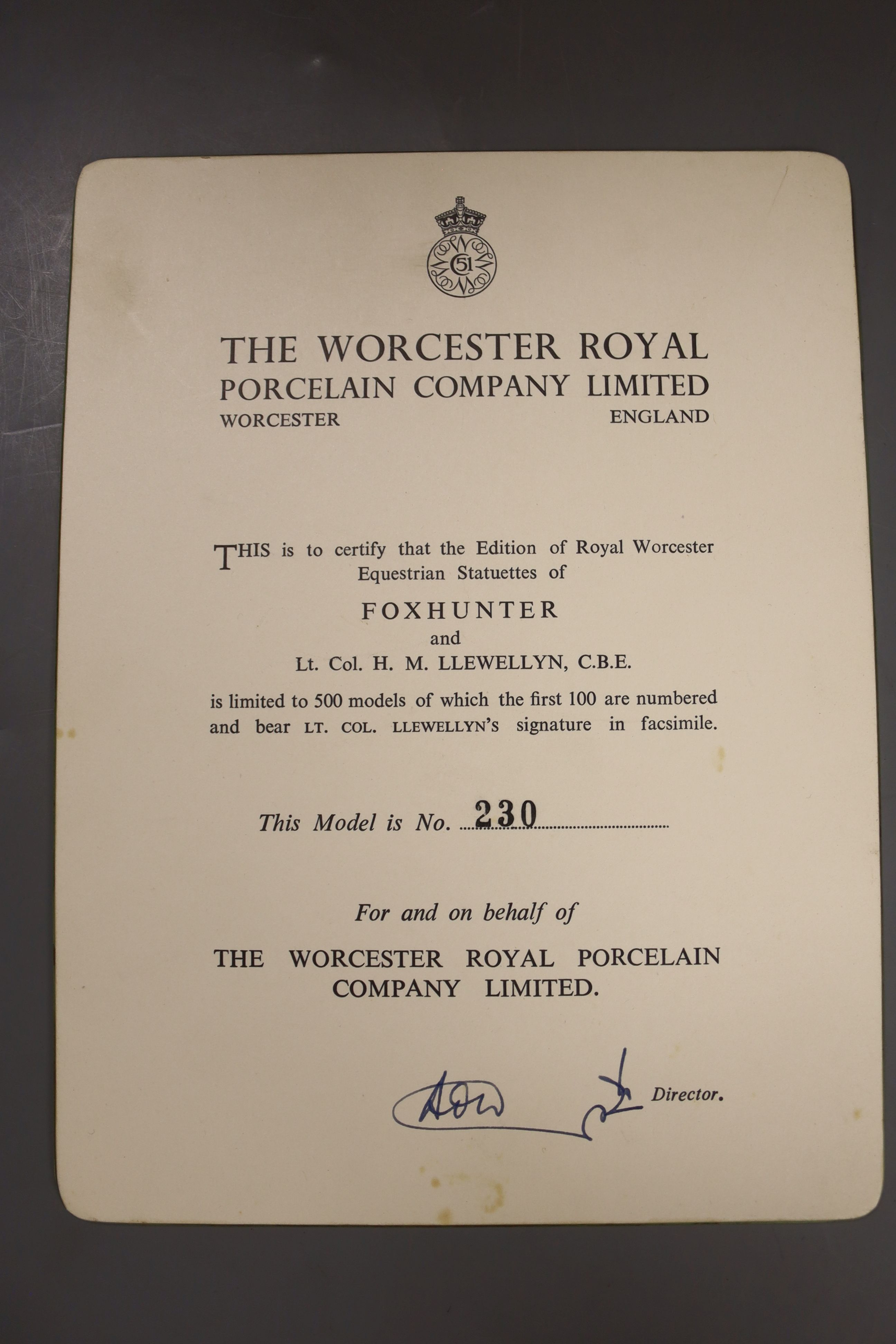 Doris Lindner for Royal Worcester, a limited edition figure, 'Foxhunter and Lt. Col. H M Llewellyn C.B.E.', no. 262/500, circa 1960, on wooden plinth, with certificate